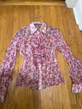 Valentino Pink Floral Ruffle Button-Down Blouse 100% Silk